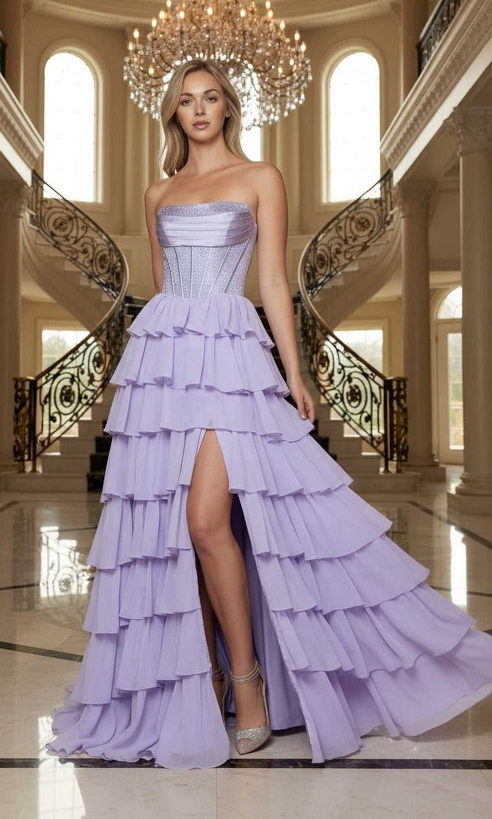A woman stands indoors on marble flooring, wearing the Lavender Long Prom Dress: Poly USA 25168, featuring a strapless chiffon design with tiered ruffle skirt and thigh-high slit. A chandelier and grand staircase are behind her.
